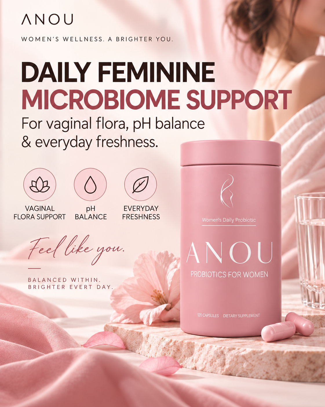 ANOU Probiotics For Women Vaginal Probiotic for pH & Flora Balance, 120 Capsules